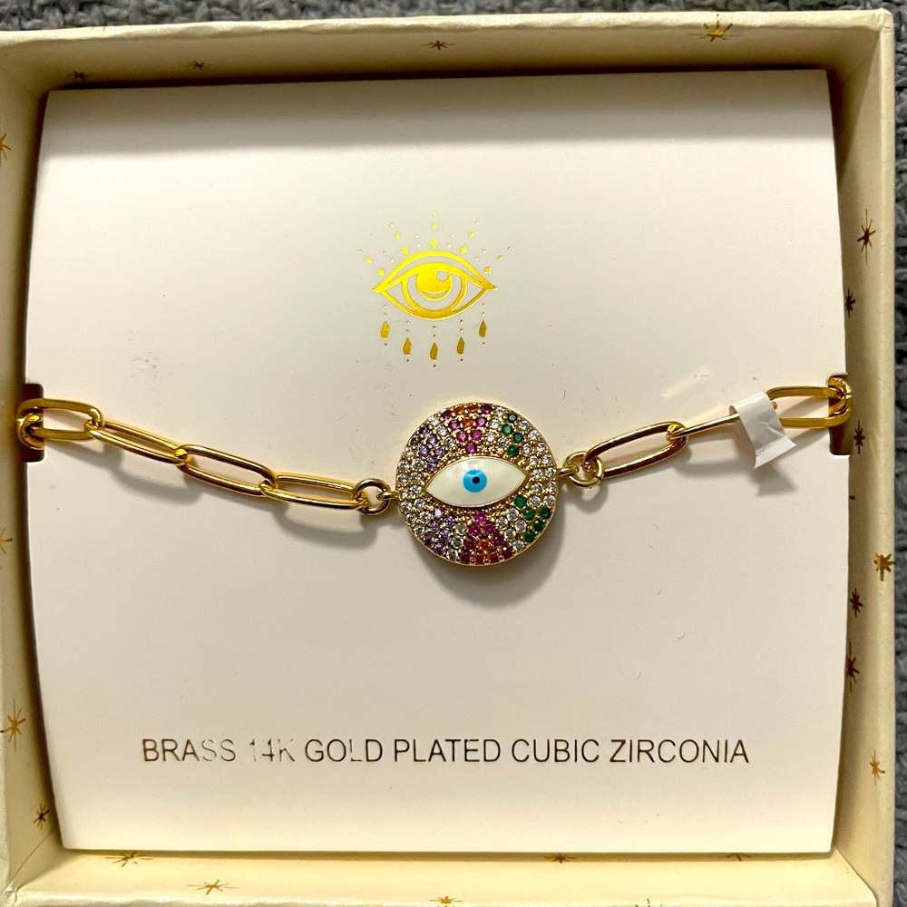 Arm Candy bracelet-evil eye chain brass 14k gold plated- New